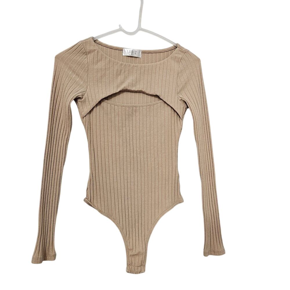 Labiz Bodysuit‎ Womens Small One-Piece Ribbed Knit Cut Out Long Sleeve Beige